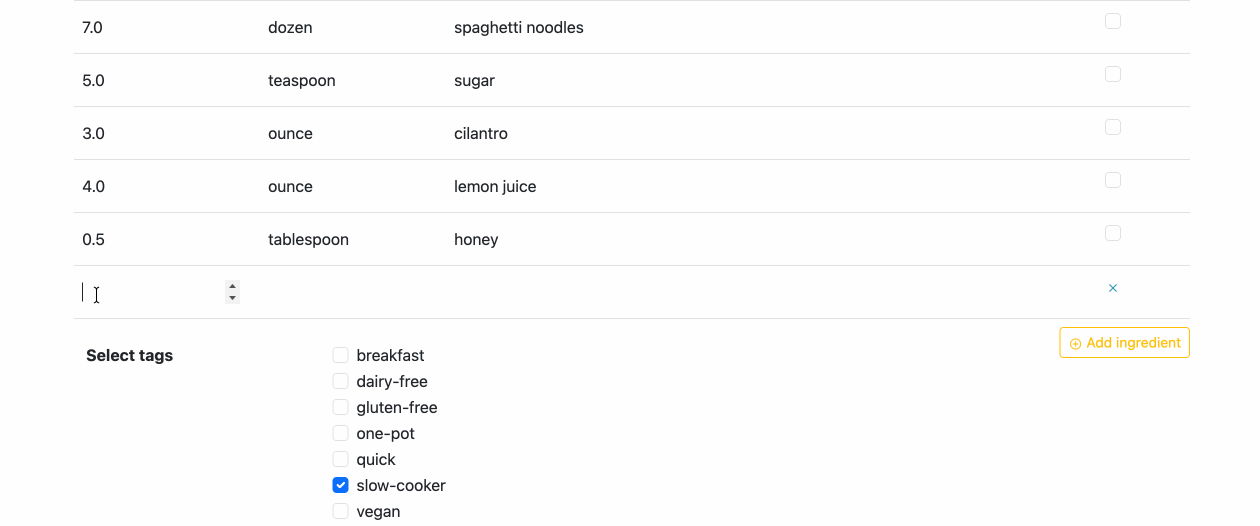 screencap of adding new ingredient form fields to the recipe form